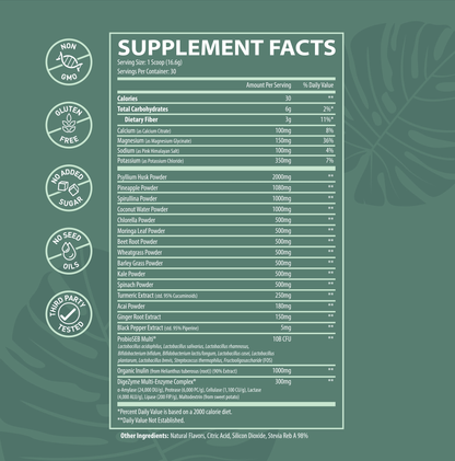 Supplement Facts panel for Herbal Ape Greens + Electrolytes. Serving size: 1 scoop (16.6g), 30 servings per container. Key nutrients include 3g of dietary fiber (11% DV), calcium (100mg), magnesium (150mg), sodium (100mg), potassium (350mg), and a variety of greens and superfoods such as spirulina, chlorella, wheatgrass, moringa, turmeric, and more. Includes probiotics (10B CFU), digestive enzymes (300mg), and prebiotics (organic inulin). Icons indicate the product is Non-GMO, Gluten-Free, no added sugar