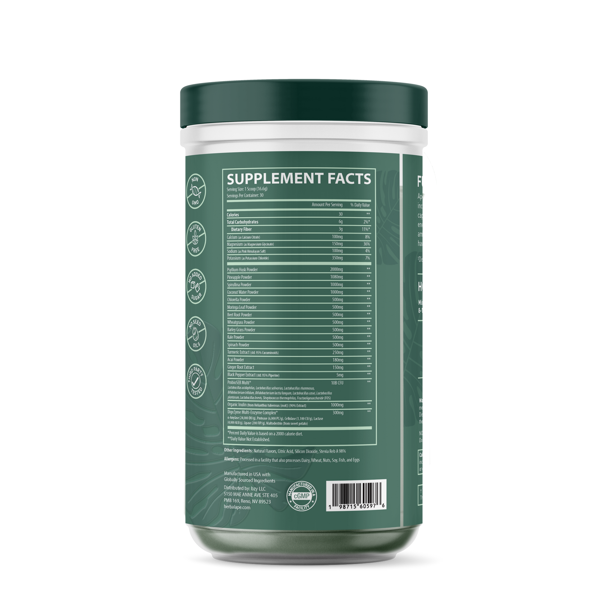 Close-up of the back of a Herbal Ape Greens + Electrolytes container showing the Supplement Facts panel. The label lists ingredients including psyllium husk, spirulina, chlorella, turmeric, and digestive enzymes. It also features icons indicating the product is non-GMO, gluten-free, has no added sugar or seed oils, and is third-party tested.