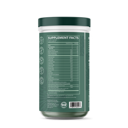 Close-up of the back of a Herbal Ape Greens + Electrolytes container showing the Supplement Facts panel. The label lists ingredients including psyllium husk, spirulina, chlorella, turmeric, and digestive enzymes. It also features icons indicating the product is non-GMO, gluten-free, has no added sugar or seed oils, and is third-party tested.