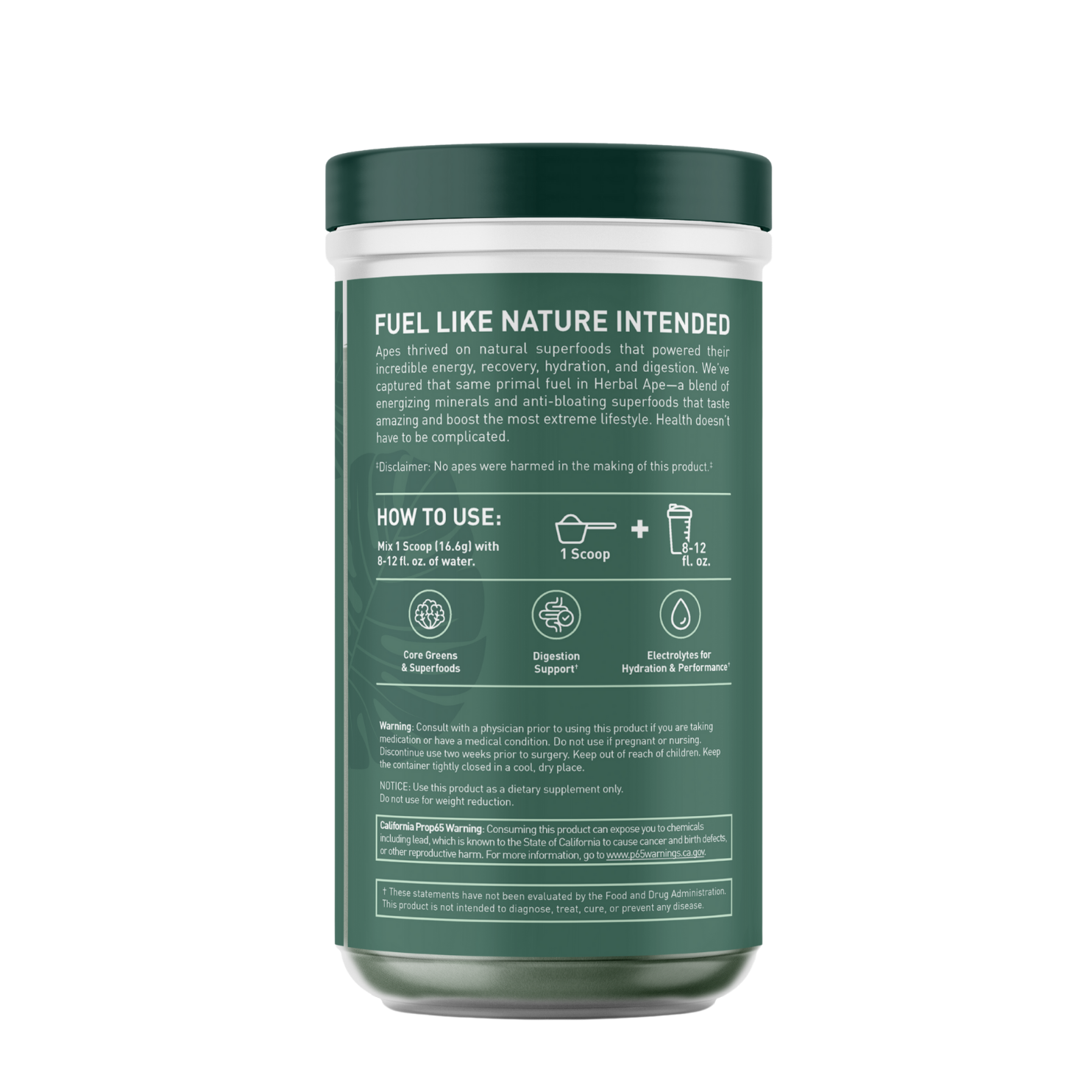 Back label of a Herbal Ape Greens + Electrolytes container displaying the tagline 'Fuel Like Nature Intended'. Text describes the product as a blend of energizing minerals and anti-bloating superfoods to support recovery, hydration, and digestion. Includes usage instructions: mix 1 scoop (16.6g) with 8–12 oz. of water. Icons highlight benefits for core greens, digestion, and hydration. Disclaimer and warning statements are also present at the bottom.