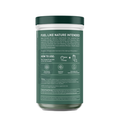 Back label of a Herbal Ape Greens + Electrolytes container displaying the tagline 'Fuel Like Nature Intended'. Text describes the product as a blend of energizing minerals and anti-bloating superfoods to support recovery, hydration, and digestion. Includes usage instructions: mix 1 scoop (16.6g) with 8–12 oz. of water. Icons highlight benefits for core greens, digestion, and hydration. Disclaimer and warning statements are also present at the bottom.