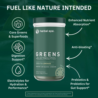 Promotional graphic for Herbal Ape's Greens + Electrolytes supplement. The product is displayed at the center with text stating 'Launching this MARCH!!' and the tagline 'Fuel Like Nature Intended' at the top. Key benefits are listed around the container: Core Greens & Superfoods, Digestion Support, Electrolytes for Hydration & Performance, Enhanced Nutrient Absorption, Anti-bloating, and Prebiotics & Probiotics for Gut Support. Fine print at the bottom notes the claims have not been evaluated by the FDA.